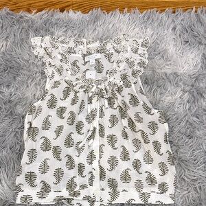 Ann Taylor White Eyelet Trim Sleeveless Top with Olive Leaf Print